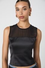 Sheer Panel Satin Sleeveless Top - Image 4