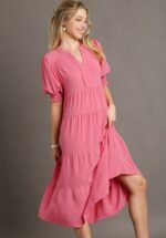 Umgee Solid Color A-Line Tiered Midi Dress with Piping Details in Rose Pink - Image 2