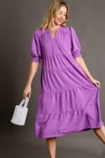 Umgee Solid Color A-Line Tiered Midi Dress with Piping Details in Orchid ON ORDER - Image 2
