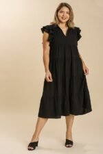 Umgee Tiered Midi Dress with Ruffled Sleeves in Black ON ORDER